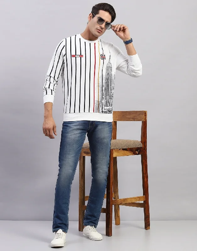 Men's hoodie with fine fabric-Men White Stripe Round Neck Full Sleeve Sweatshirt