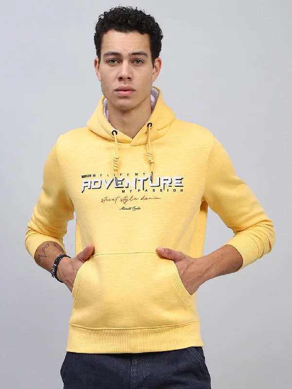 Men's hoodie for toned chest-Men Yellow Printed Hooded Full Sleeve Sweatshirt