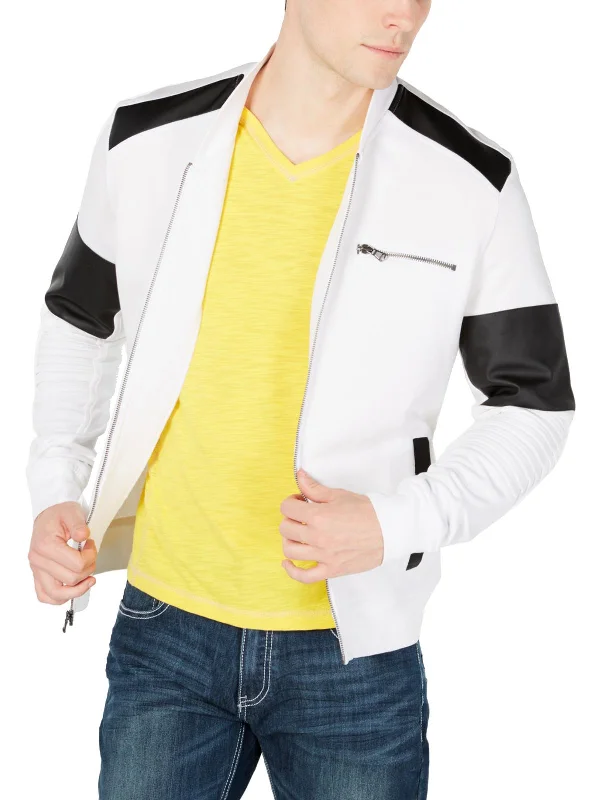 Men's surfer lightweight jackets-Mens Faux Leather Trim Zip Up Jacket