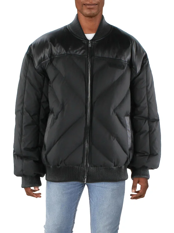 Men's architect sharp jackets-Mens Leather Warm Puffer Jacket