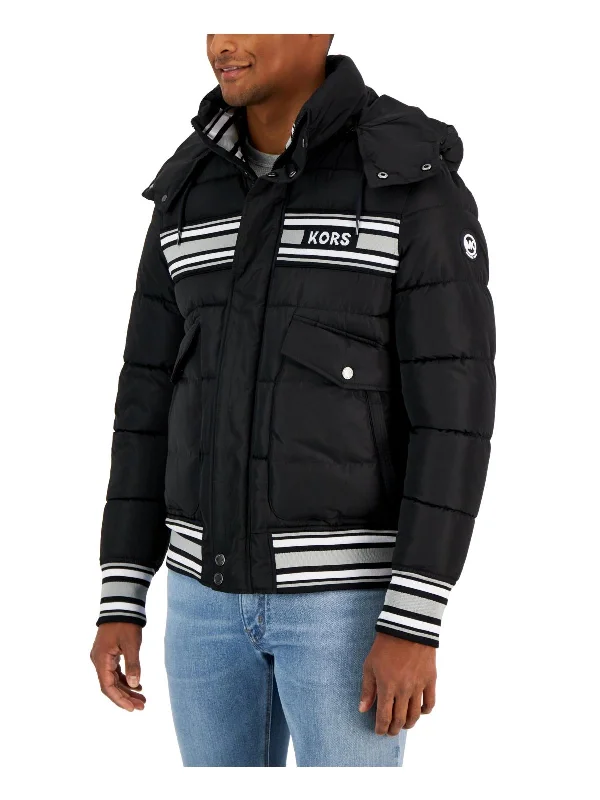 Men's bold soccer jackets-Mens Quilted Racing Stripe Puffer Jacket