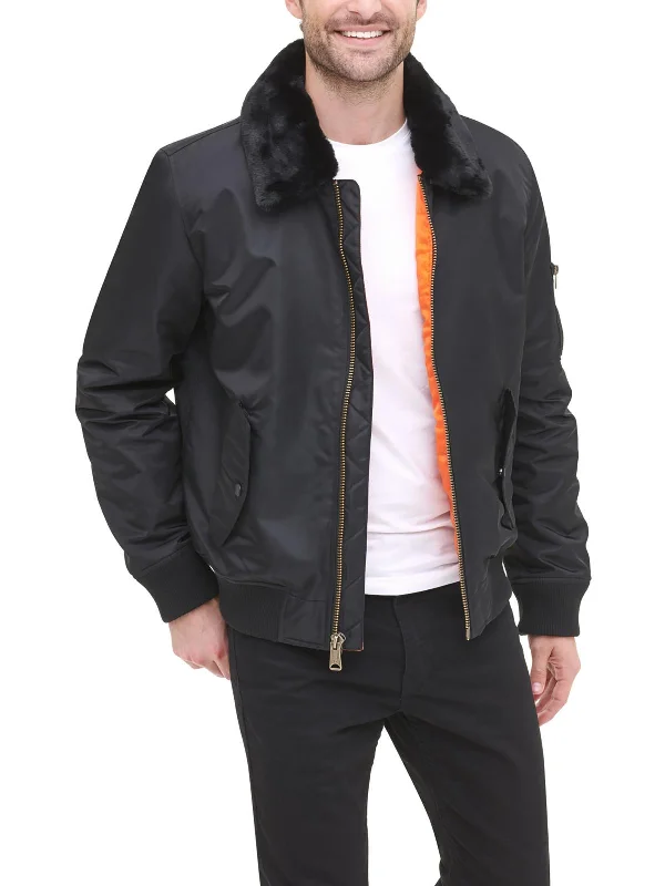 Men's explorer adventure jackets-Mens Removable Collar Ribbed Trim Bomber Jacket