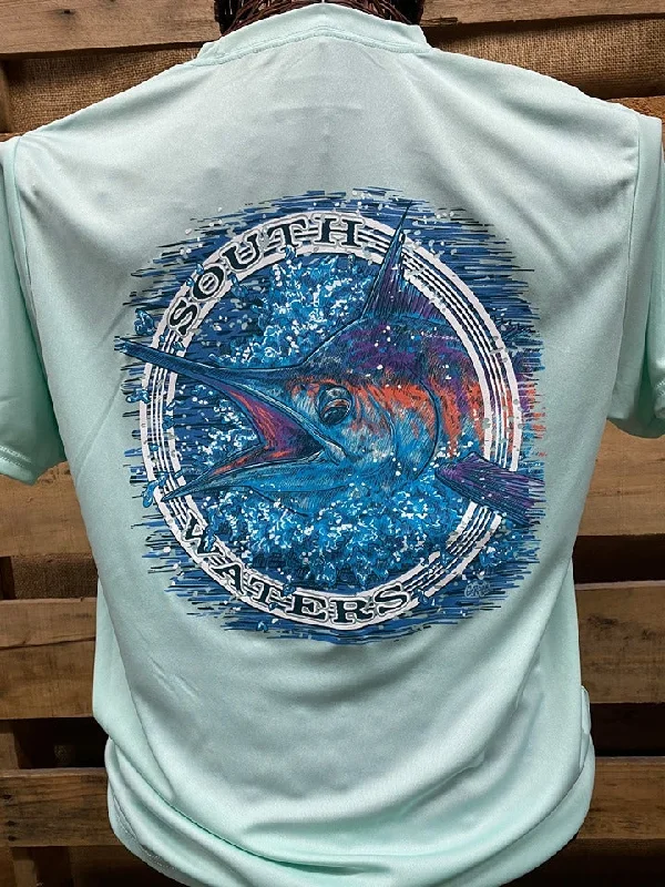 Men's short-sleeve stylish sleek neutral beige tee-Backwoods South Waters Fishing Marlin A-4 Cooling Pastel Mint Bright Unisex T Shirt