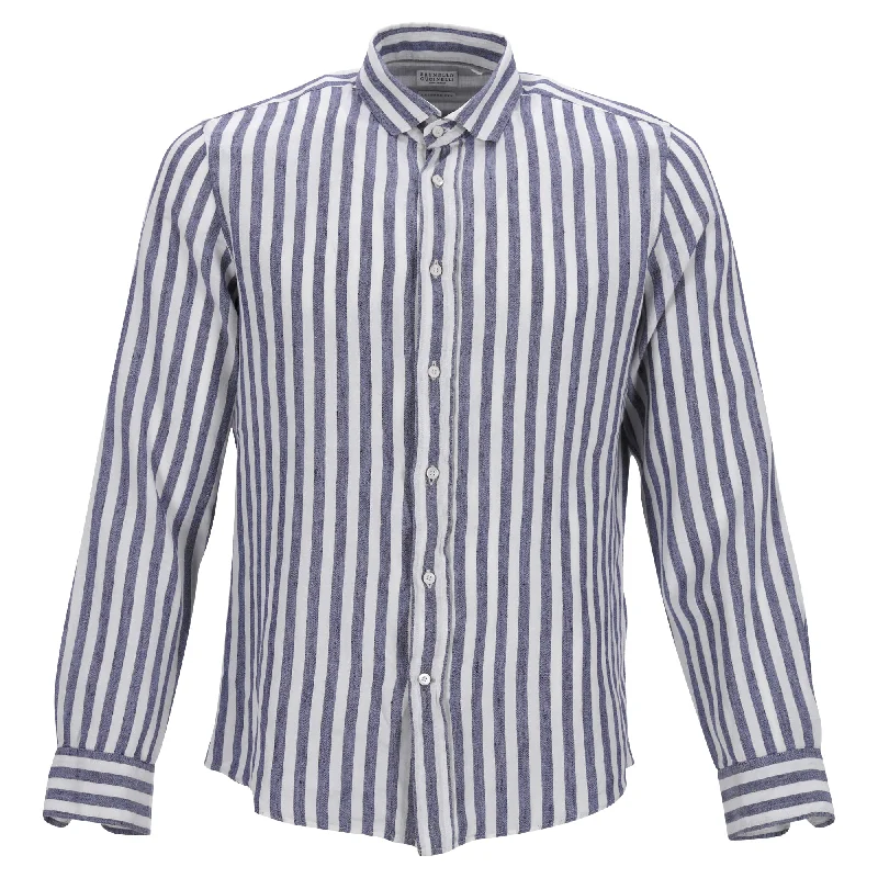 Brunello Cucinelli Leisure Fit Striped Shirt in Light Blue Linen