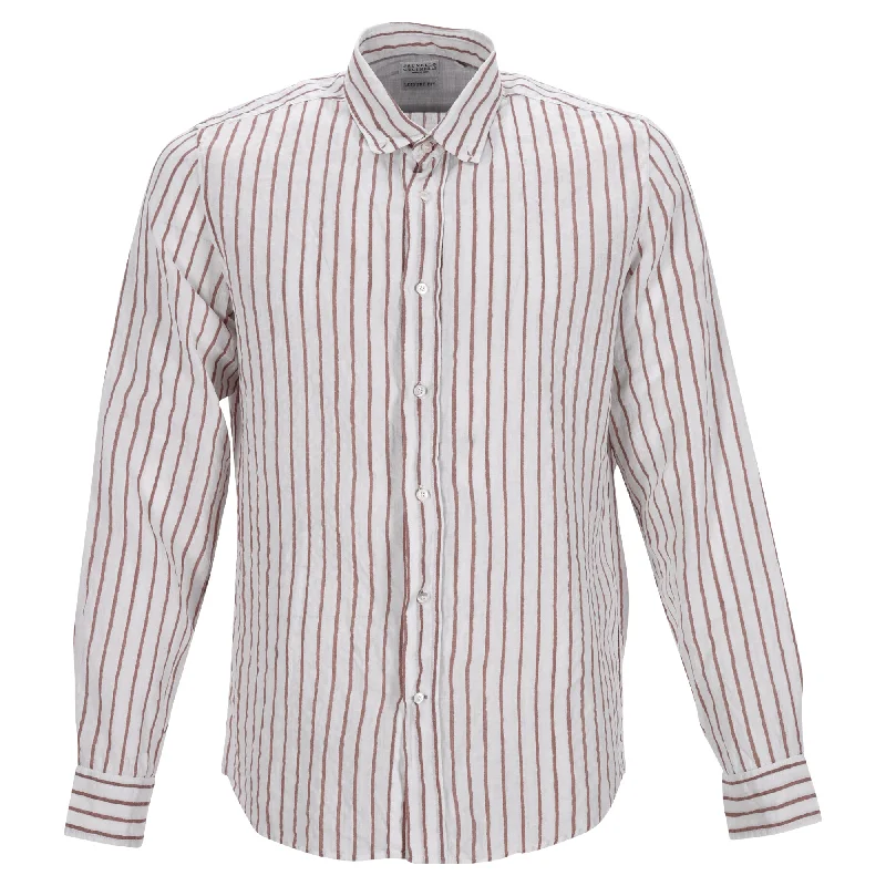 Brunello Cucinelli Leisure Fit Striped Shirt in White Linen