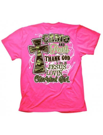 Men's short-sleeve trendy bright artisanal organic tee-Cherished Girl Camo & Pearls Jesus Lovin Country Girl Cross Girlie Christian Bright T Shirt