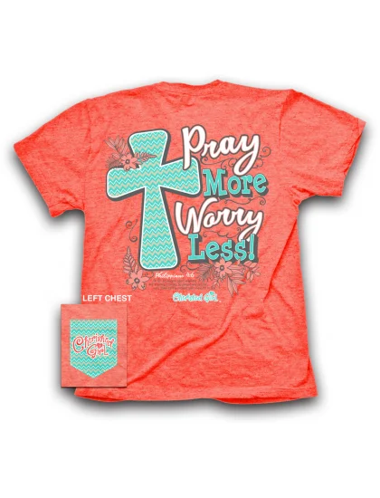 Men's short-sleeve warm stylish bold stripe shirt-Cherished Girl Pray More Worry Less Chevron Cross Flower Christian Girlie Bright T Shirt