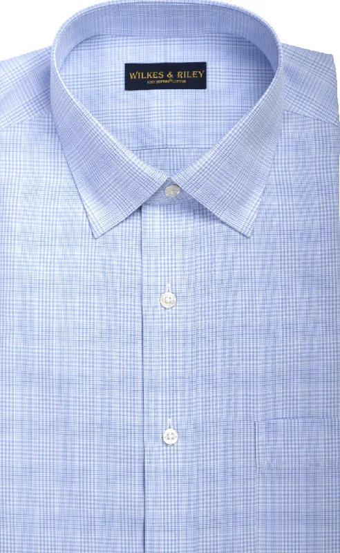 Classic Fit Light Blue Glen Plaid Spread Collar  Supima® Cotton Non-Iron Broadcloth Dress Shirt (B/T)