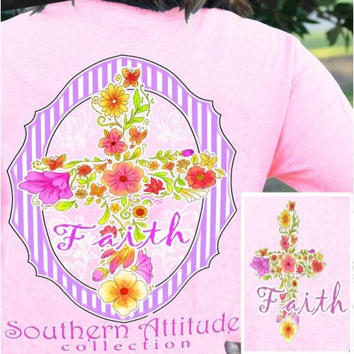 Men's short-sleeve neutral subtle taupe top-Southern Attitude Preppy Faith Flower Cross Pink T-Shirt