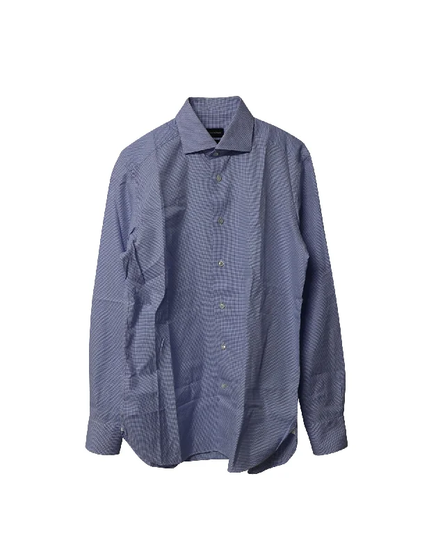 Ermenegildo Zegna Houndstooth Buttondown Shirt in Blue Cotton