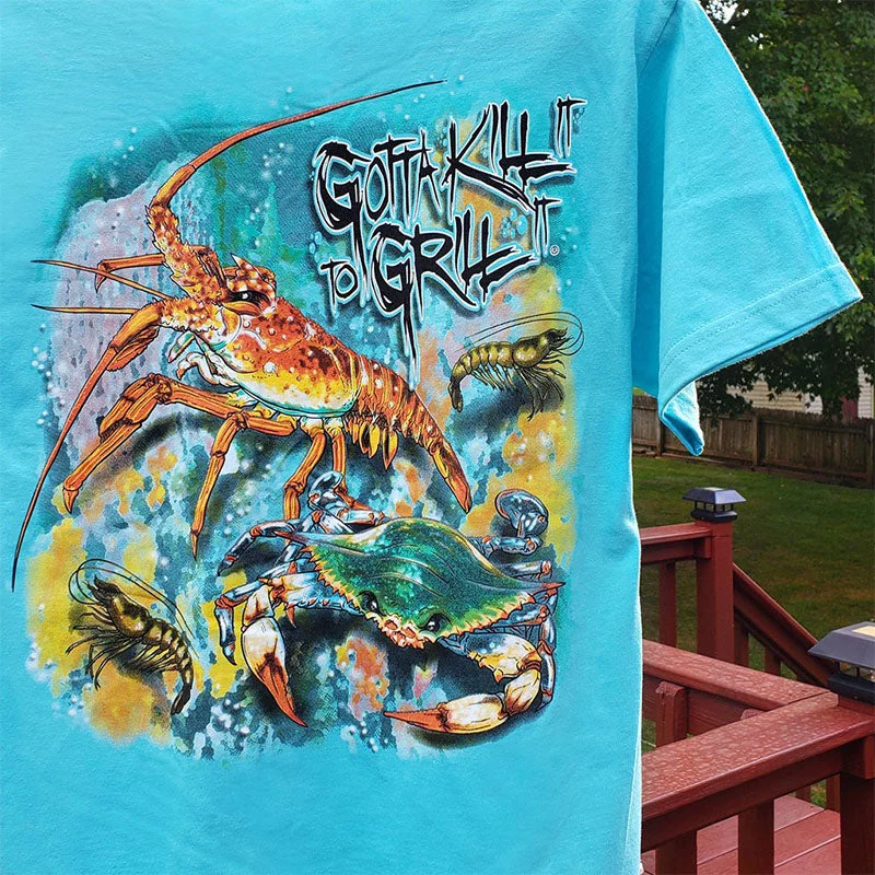 Men's short-sleeve sporty teal shirt-Gotta Kill It To Grill Crustaceans Fishing Unisex Pocket T-Shirt