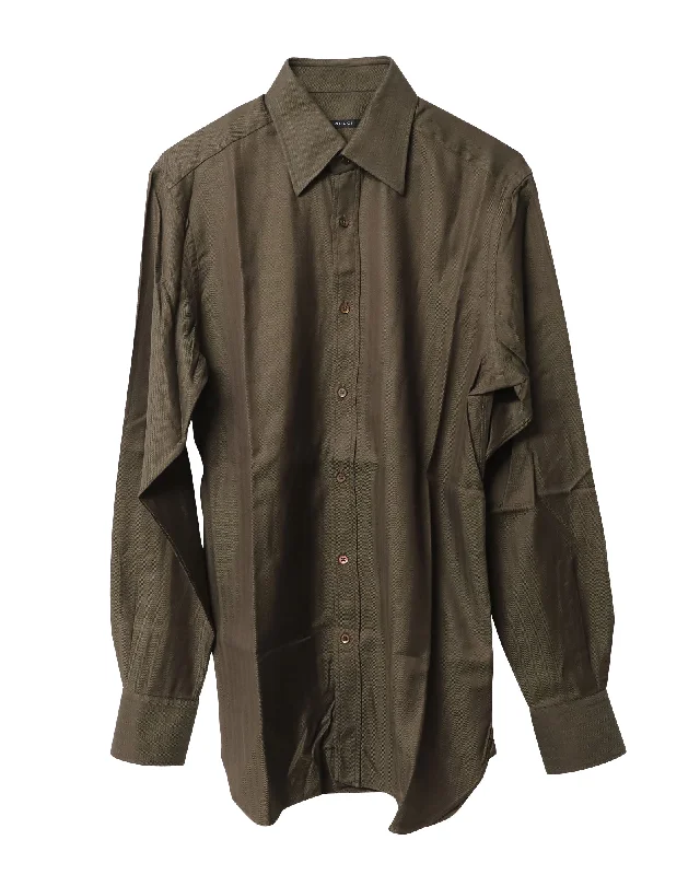 Gucci Herringbone Button Down Shirt in Dark Brown Cotton