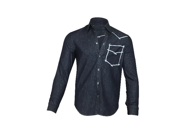 Maison Martin Margiela Contrasted Denim Shirt in Navy Blue Cotton