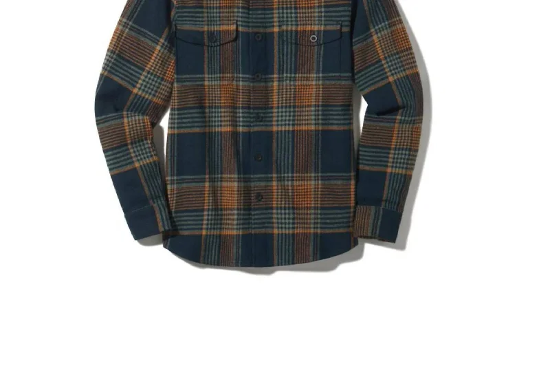 Portland Heavy Flannel Shirt In Navy Teal Orange