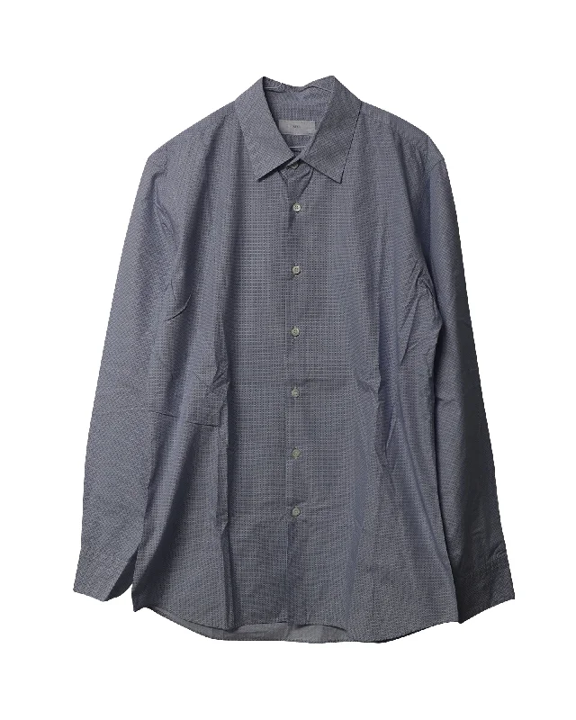 Prada Rectangle Chain Microprint Long Sleeve Button-up Shirt in Blue Cotton