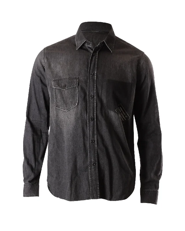 Saint Laurent Frayed Hem Button Front Shirt in Grey Cotton Denim