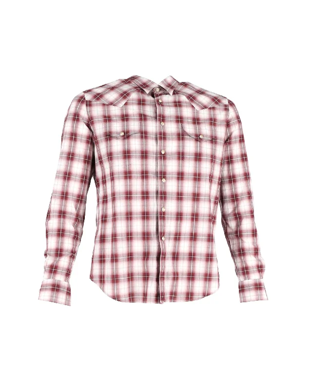 Saint Laurent Plaid Flannel Long-Sleeve Shirt in Red Cotton