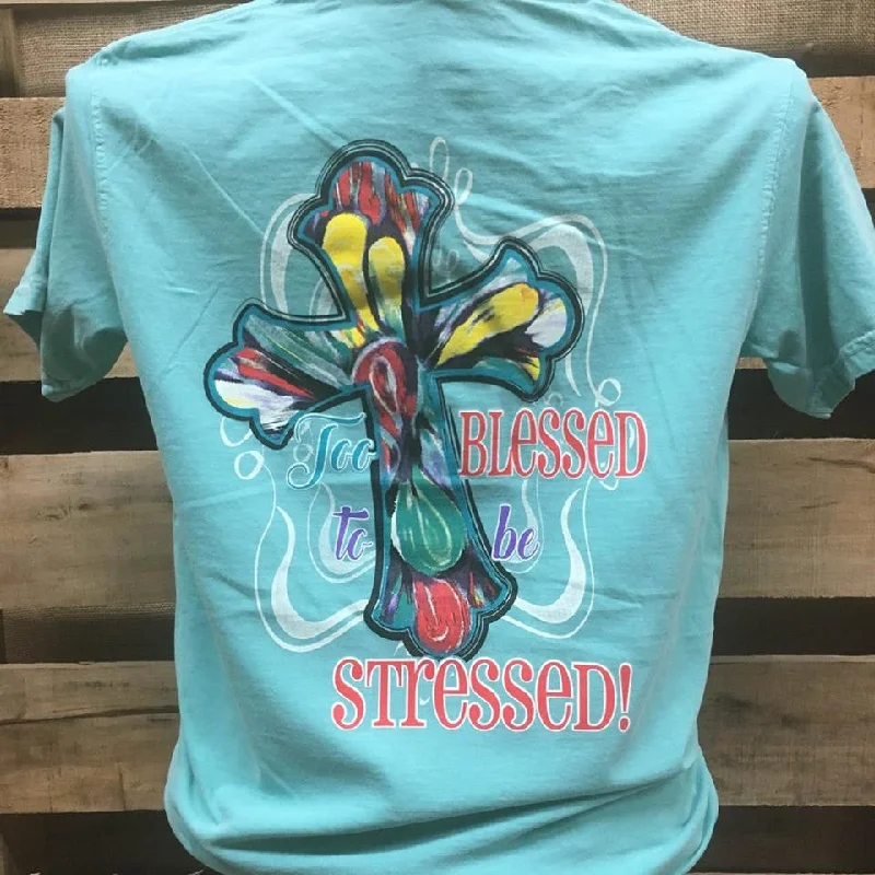 Men's short-sleeve soft lavender top-Southern Chics Too Blessed to be Stressed Cross Christian Girlie Bright T Shirt