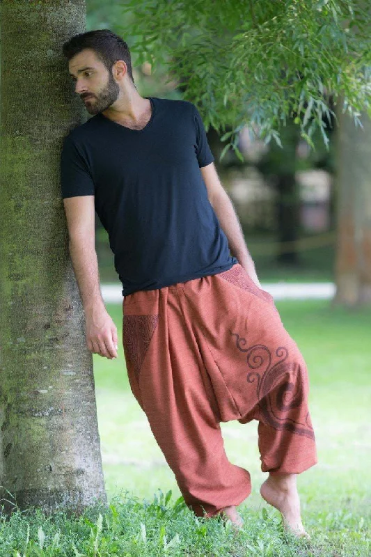 men's 30-inch casual blue pants-Brick Red Tribal Pants