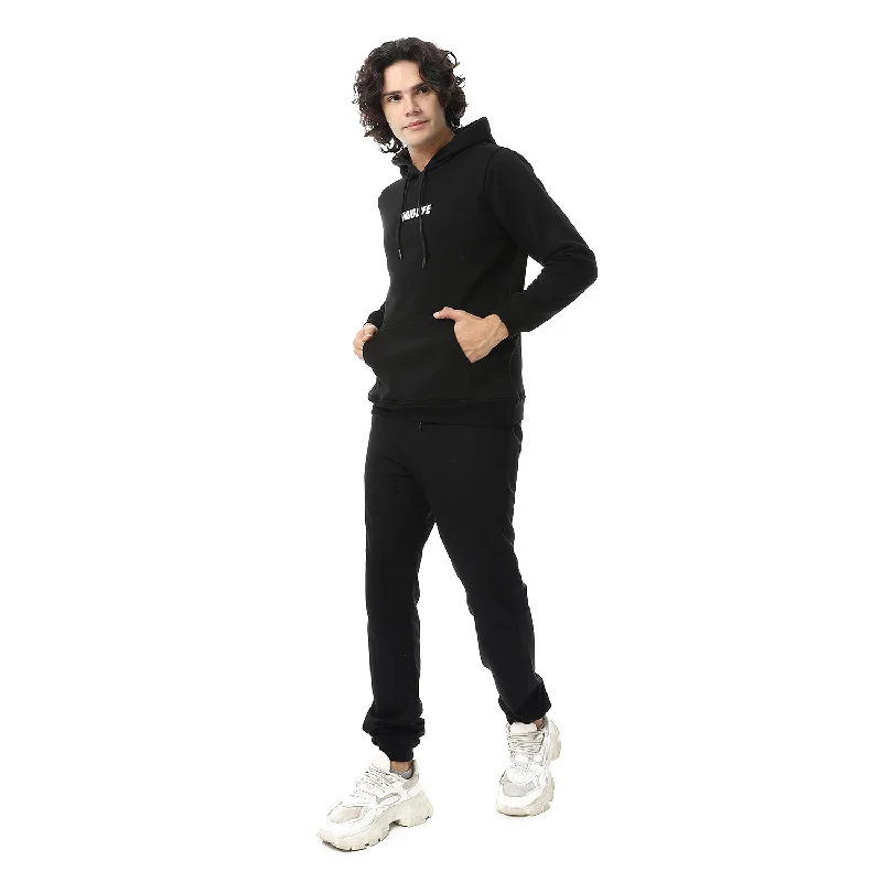 men's straight leg wool navy pants-Elastic Waist With Drawstring Fleeced Sweatpants - Black