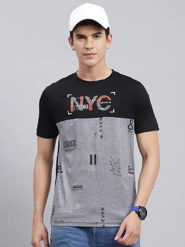 Men's short-sleeve sturdy low-cost tee-Men Black Printed Cotton Blend T-Shirt