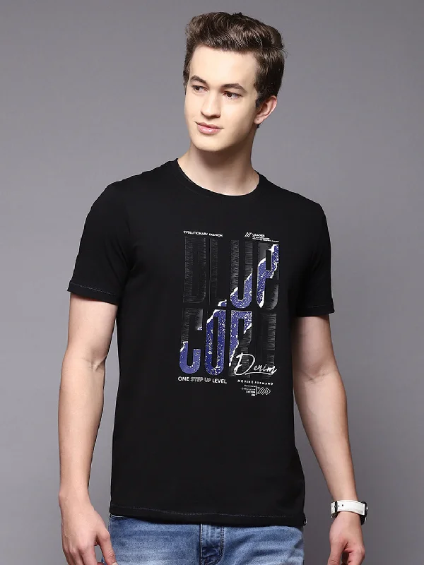 Men's short-sleeve casual subtle pattern tee-Men Black Printed Round Neck Half Sleeve T-Shirts