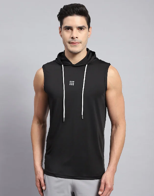 Men's short-sleeve retro cool sleek silver top-Men Black Solid Hooded Sleeveless T-Shirt