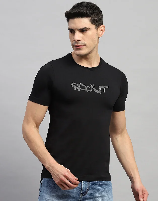 Men's short-sleeve sustainable recycled tee-Men Black Solid Round Neck Half Sleeve T-Shirt