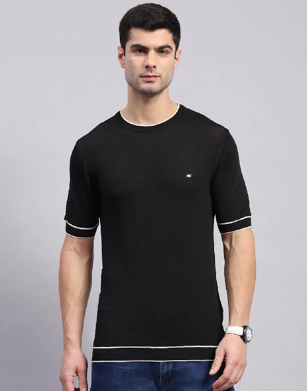 Men's short-sleeve trendy fresh lime tee-Men Black Solid Round Neck Half Sleeve T-Shirt