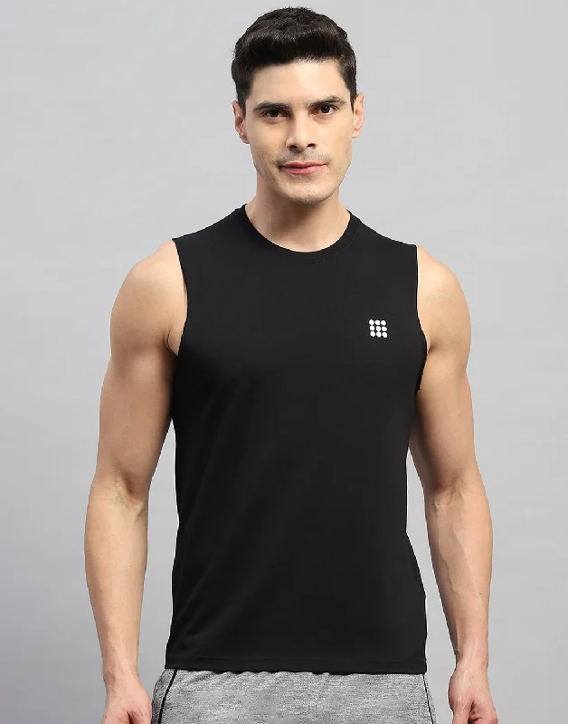 Men's short-sleeve retro violet top-Men Black Solid Round Neck Sleeveless T-Shirt