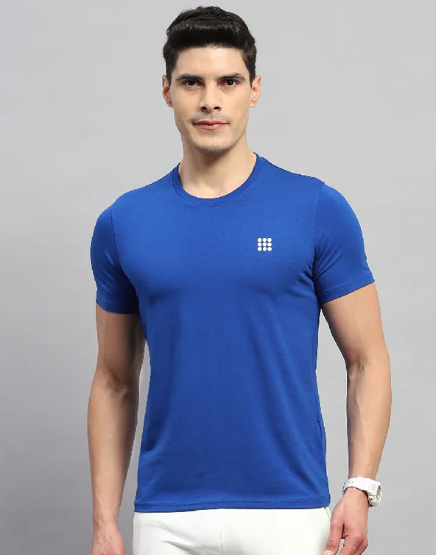 Men's short-sleeve trendy bright deep picnic top-Men Blue Solid Round Neck Half Sleeve T-Shirt