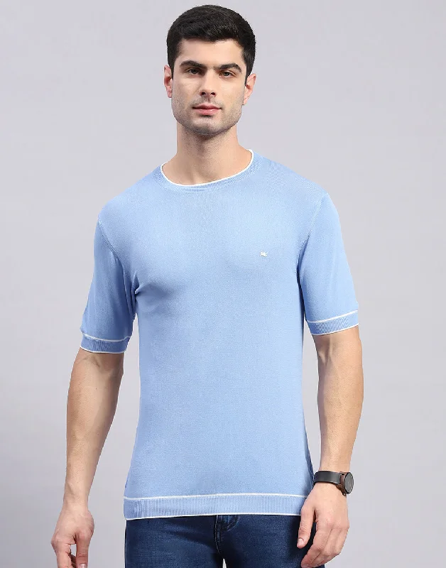 Men's short-sleeve fresh cool slate tee-Men Blue Solid Round Neck Half Sleeve T-Shirt