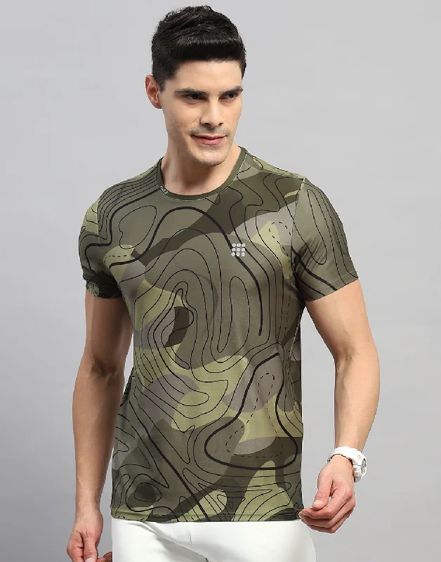 Men's short-sleeve urban warm red tee-Men Green Printed Round Neck Half Sleeve T-Shirt