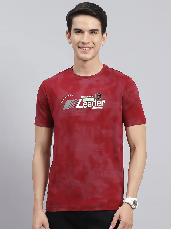 Men's short-sleeve warm tailored checkered tee-Men Maroon Printed Cotton Blend T-Shirt