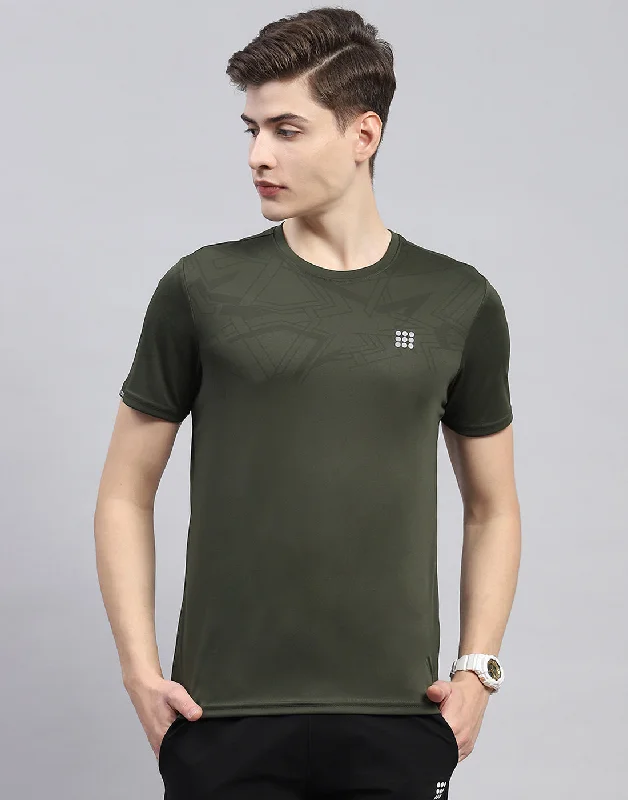 Men's short-sleeve classic sleek rolled-sleeve tee-Men Olive Solid Round Neck Half Sleeve T-Shirt