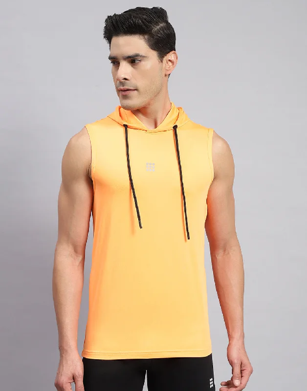 Men's short-sleeve stylish sleek sporty teal top-Men Orange Solid Hooded Sleeveless T-Shirt