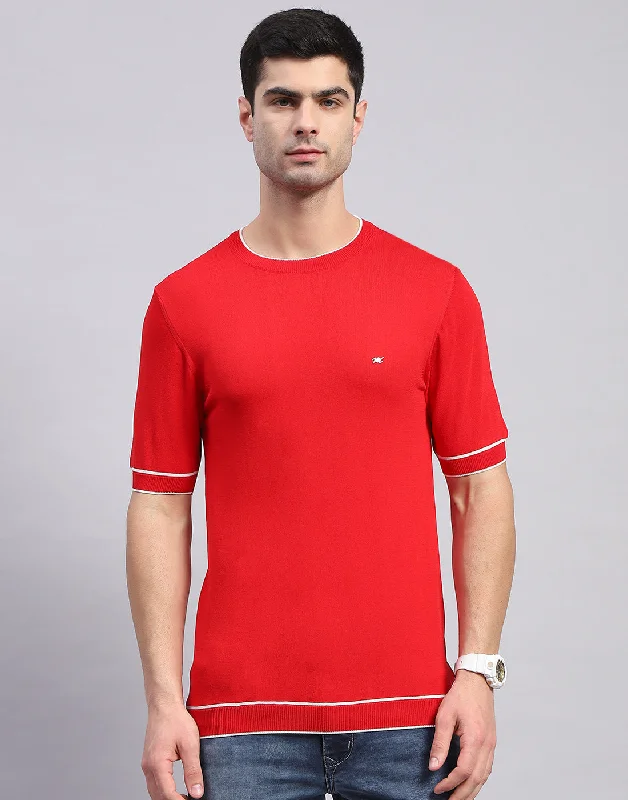 Men's short-sleeve bold vintage charcoal tee-Men Red Solid Round Neck Half Sleeve T-Shirt