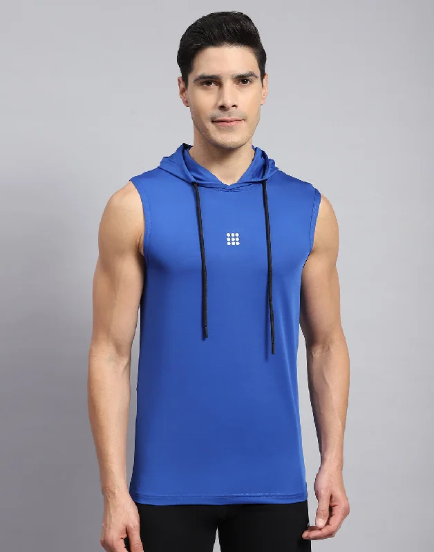 Men's short-sleeve trendy bright modern indigo top-Men Royal Blue Solid Hooded Sleeveless T-Shirt