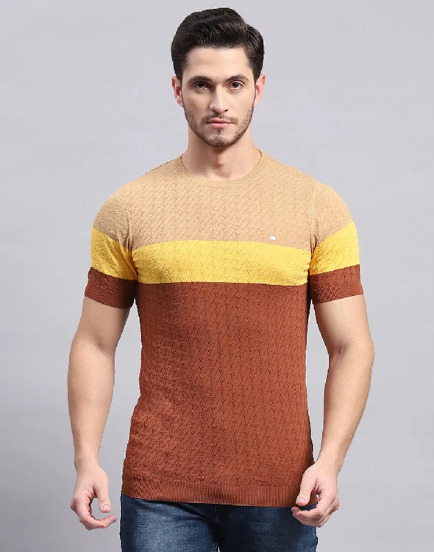 Men's short-sleeve modern vibrant fair-trade bamboo top-Men Rust Stripe Round Neck Half Sleeve T-Shirt