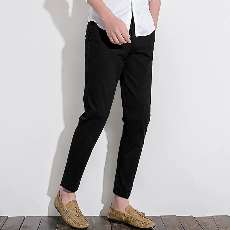 men's slim wool white pants-Men's Cotton Mid Waist Zipper Fly Solid Pattern Trendy Pants