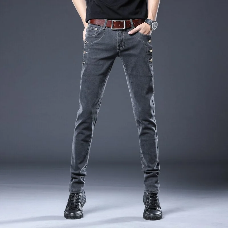 men's 36-inch athletic navy pants-Men's Denim Mid Waist Zipper Fly Closure Solid Pattern Pants