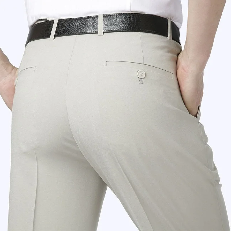 men's slim cotton olive pants-Men's Mid Waist Plain Zipper Closure Office Formal Pants