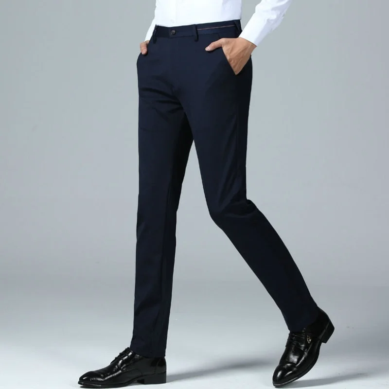 men's small tapered navy pants-Men's Polyester Full-Length Zipper Fly Slim Fit Casual Pants