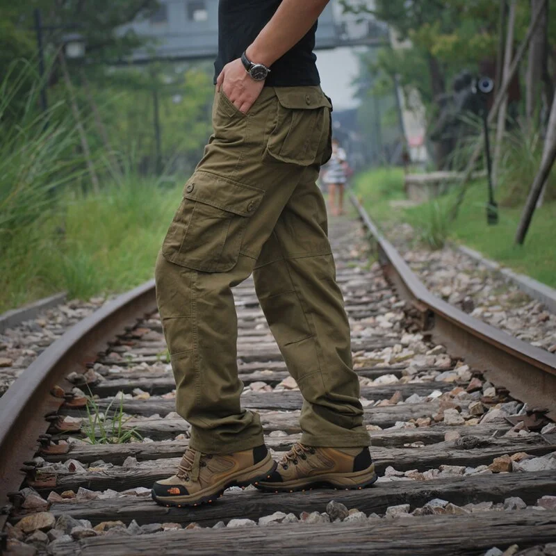 men's wide-leg flat-front olive pants-Men's Polyester Mid Waist Zipper Fly Multi Pocket Casual Trousers