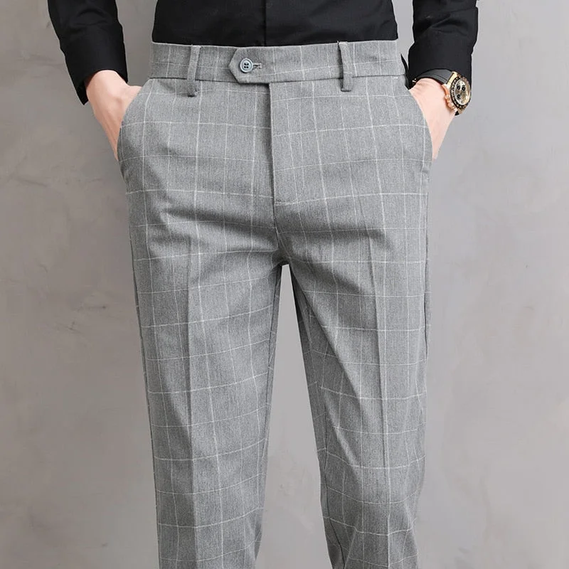 men's small straight leg navy pants-Men's Polyester Zipper Fly Closure Plaid Pattern Formal Pants