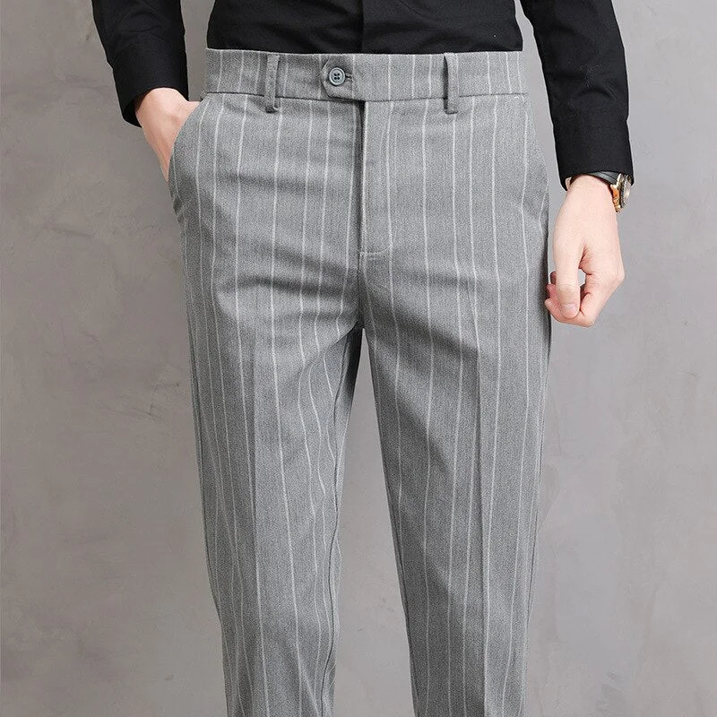 men's relaxed polyester brown pants-Men's Polyester Zipper Fly Closure Striped Pattern Casual Pants