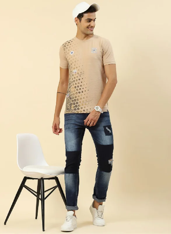 Men's short-sleeve modern vibrant streetwear tee-Men Beige Printed T-Shirt