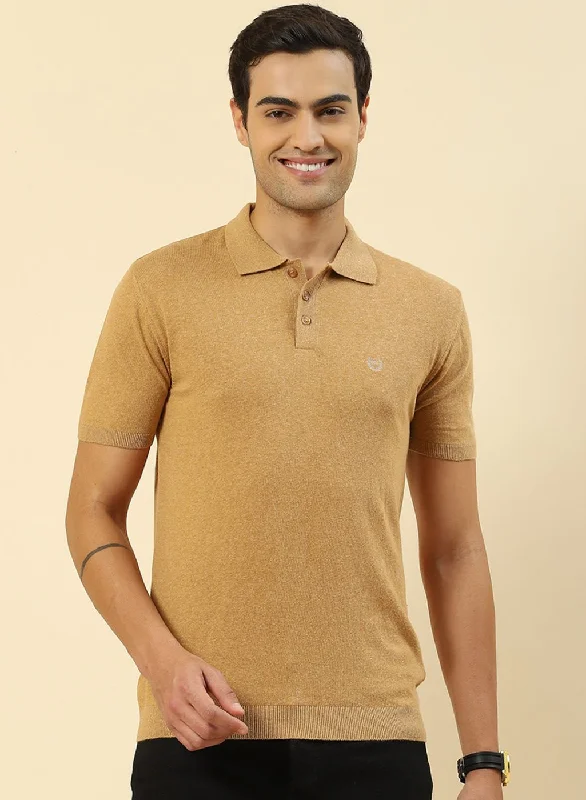 Men's short-sleeve crisp ribbed tee-Men Camel Brown Plain T-Shirt