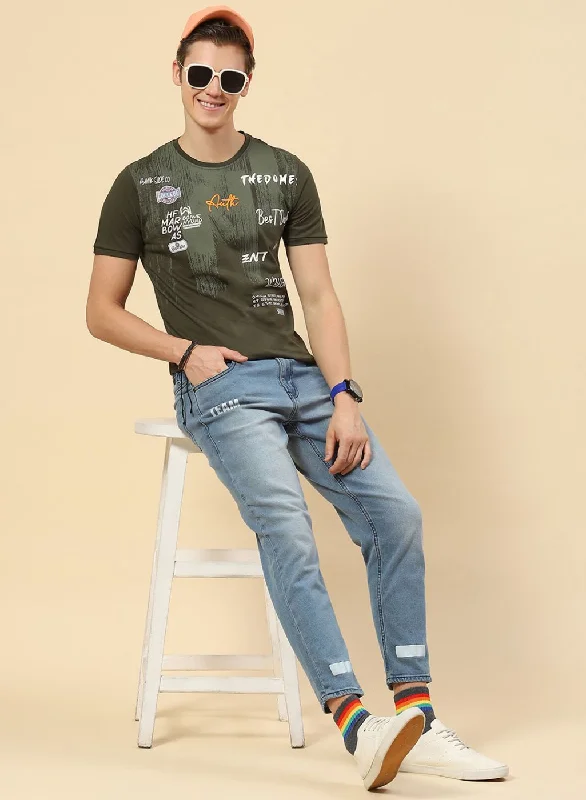 Men's short-sleeve vintage charcoal shirt-Men Olive Printed T-Shirt