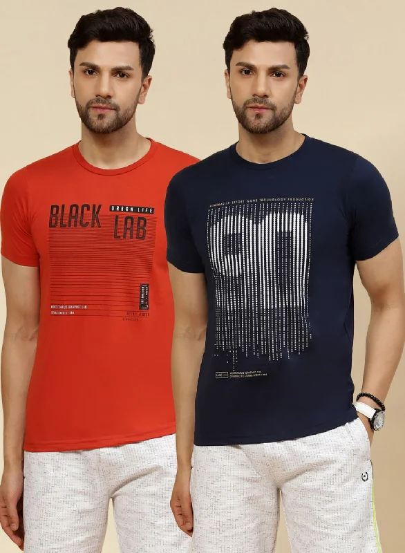 Men's short-sleeve soft trendy fresh lime top-Men Rust Orange & Blue Solid T-Shirt